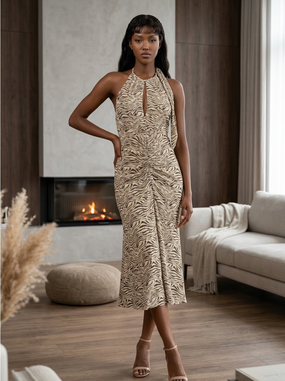 Ashley Graham Beige Zebra-Print Halter Midi Dress